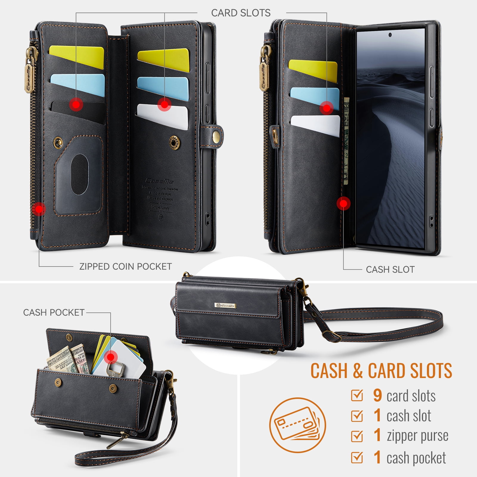 For Samsung Galaxy S25 Ultra Wallet Case, RFID Blocking PU Leather Case Women Men Kickstand flip Cover Wrist Strap Zipper Credit Card Holder Slot