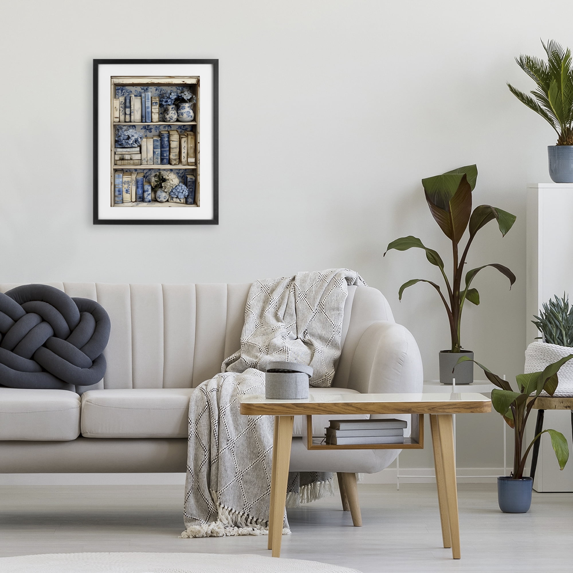 Stupell Industries Blue & Beige Bookcase Black Framed Print Under Glass, design by LSR Design Studio