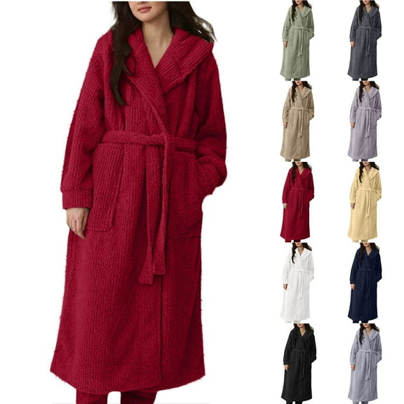 Meichang Women's Warm Robe Hooded Fleece Long Sleeve Winter Bathrobe Fluffy Fuzzy Kimono Robes Cozy Soft Pockets Housecoat with Belt And Pockets
