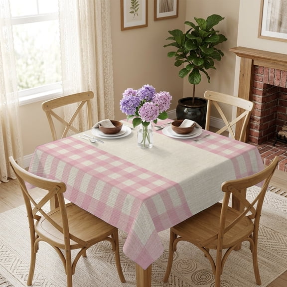 Bohemia Pink Plaid Square Tablecloth 54x54 Inch Modern Farmhouse Linen Waterproof Polyester Table Cover, Washable Stain Resistant Tablecloth for Dining Table Kitchen Wedding