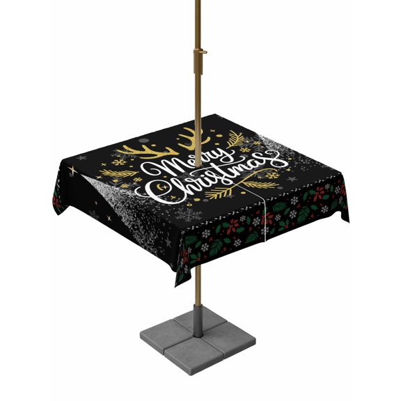 Outdoor Tablecloth with Umbrella Hole and Zipper, Christmas Elk Square Table Cloth 60x60 Inch Waterproof Tablecloth, Winter Snowflake Xmas Tree Leaf Black Picnic Table Cover for Patio Camping