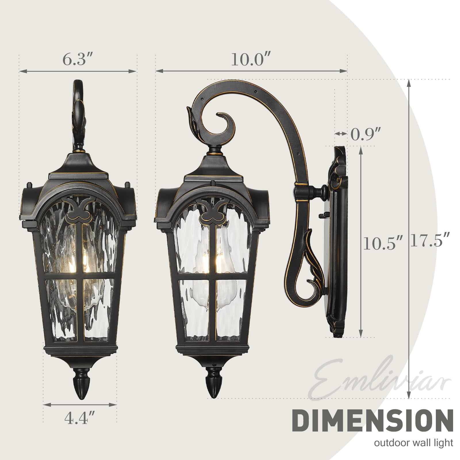 Emliviar Outdoor Light Wall Lantern with Water Ripple Glass, 17.5" Black Finish with Gold Edges, WE215B-SW BG