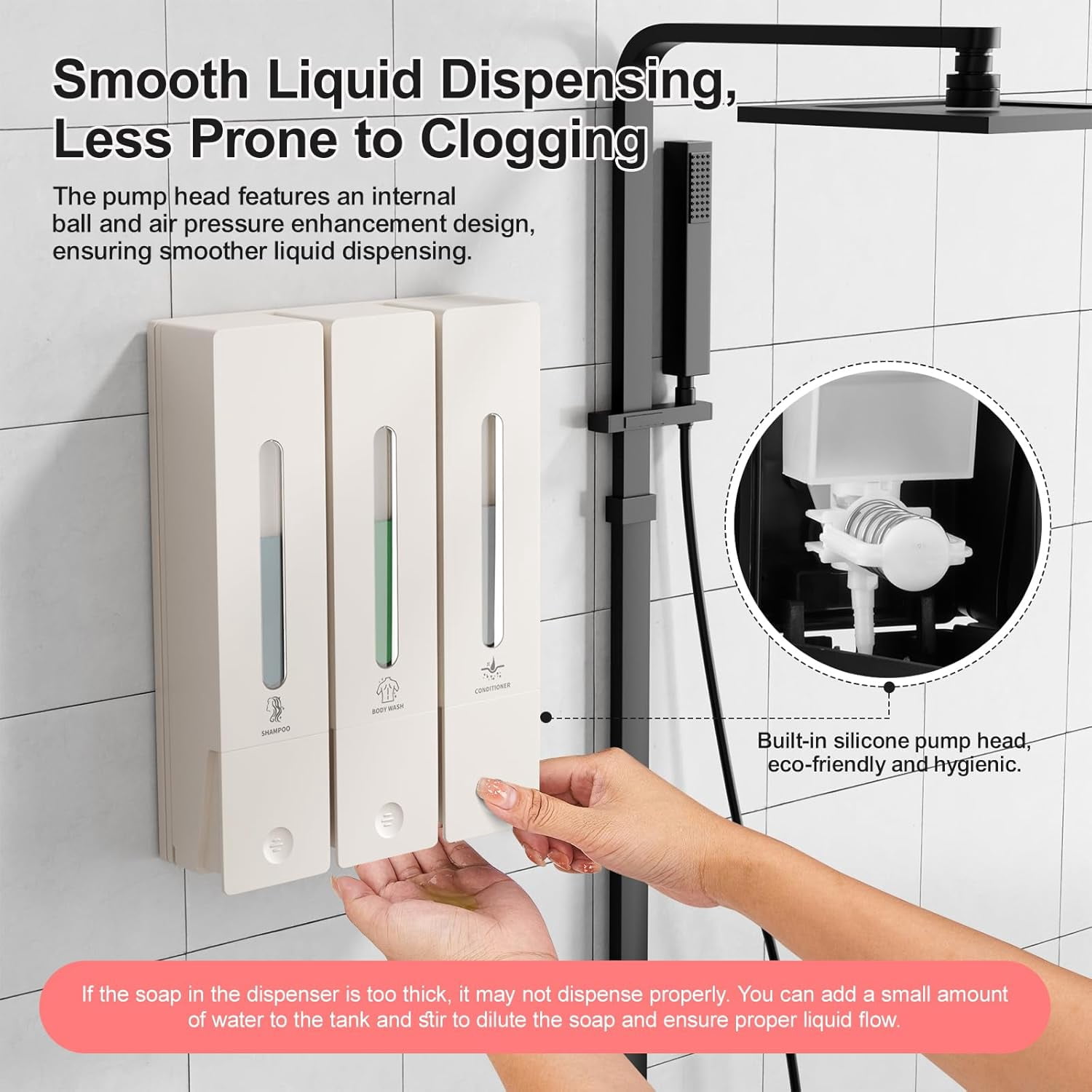 Shampoo and Conditioner Dispenser - Wall-Mounted 3-Chamber Shower Soap Dispenser, No-Drill, 1200ML Capacity, for Bathroom & Hotel
