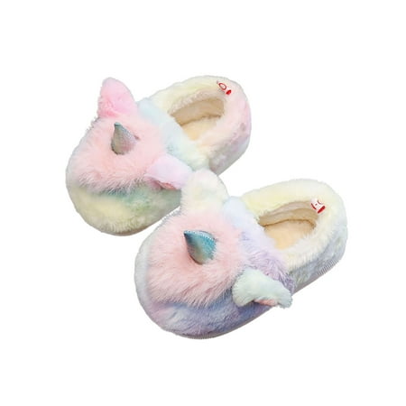 

Toddler Girl Winter House Shoes Soft Plush Tie-dye Unicorn Slippers Shoes with Anti-Skid Sole