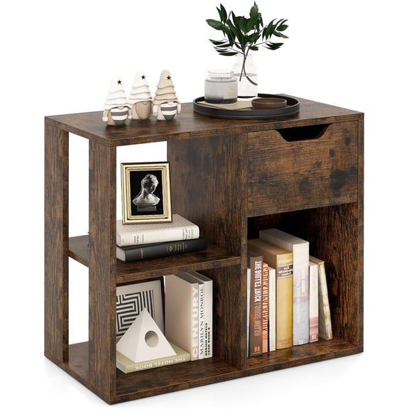 3 Cube Bookcase with Drawer, 2 Tier Bookshelf for Small Space, Modern Freestanding Display Rack with Open Shelves, Book Case, Wood Cube Storage Organizer Bedroom Living Room, Rustic Brown