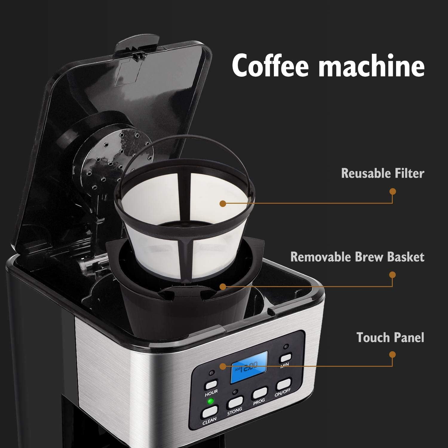 Safeplus 12 Cup Programmable Coffee Maker,LCD Display Drip Coffee Brewer,  Coffee Machine with 1.8 litres Glass Carafe Capacity, Water Tank other  Drinks Tea, kitchen, Office, Reception Room, Party 