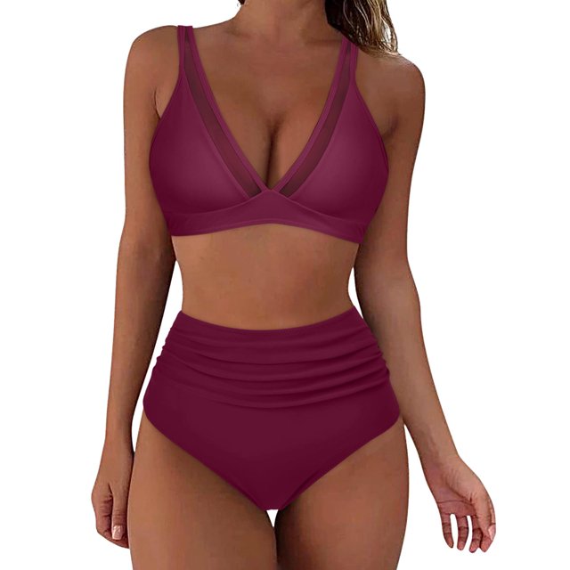 Gibobby Trajes de Baño para Mujer Bikini de cintura alta para mujer, bañadores sexys de dos piezas con realce, traje de baño Vintage, conjunto de Bikini (Vino,M)