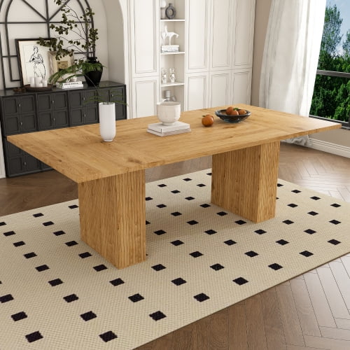 78 Inch Dining Table with Storage Base, Wood Veneer Rectangular MDF Farmhouse Table for 6, Modern Rustic Kitchen Table with Soft-Close Doors for Dining Room, Oak