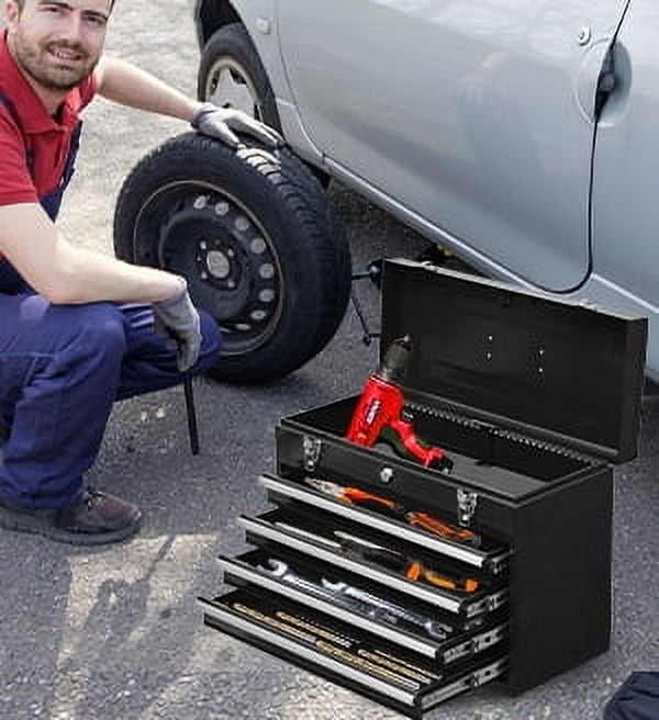 Noaman 20.3" Metal Tool Box with 4 Drawers, Portable Steel Tool Chest with Cylinder Lock & Latch Closure, Powder Coated for Garage, Warehouse & Outdoor Use-Black