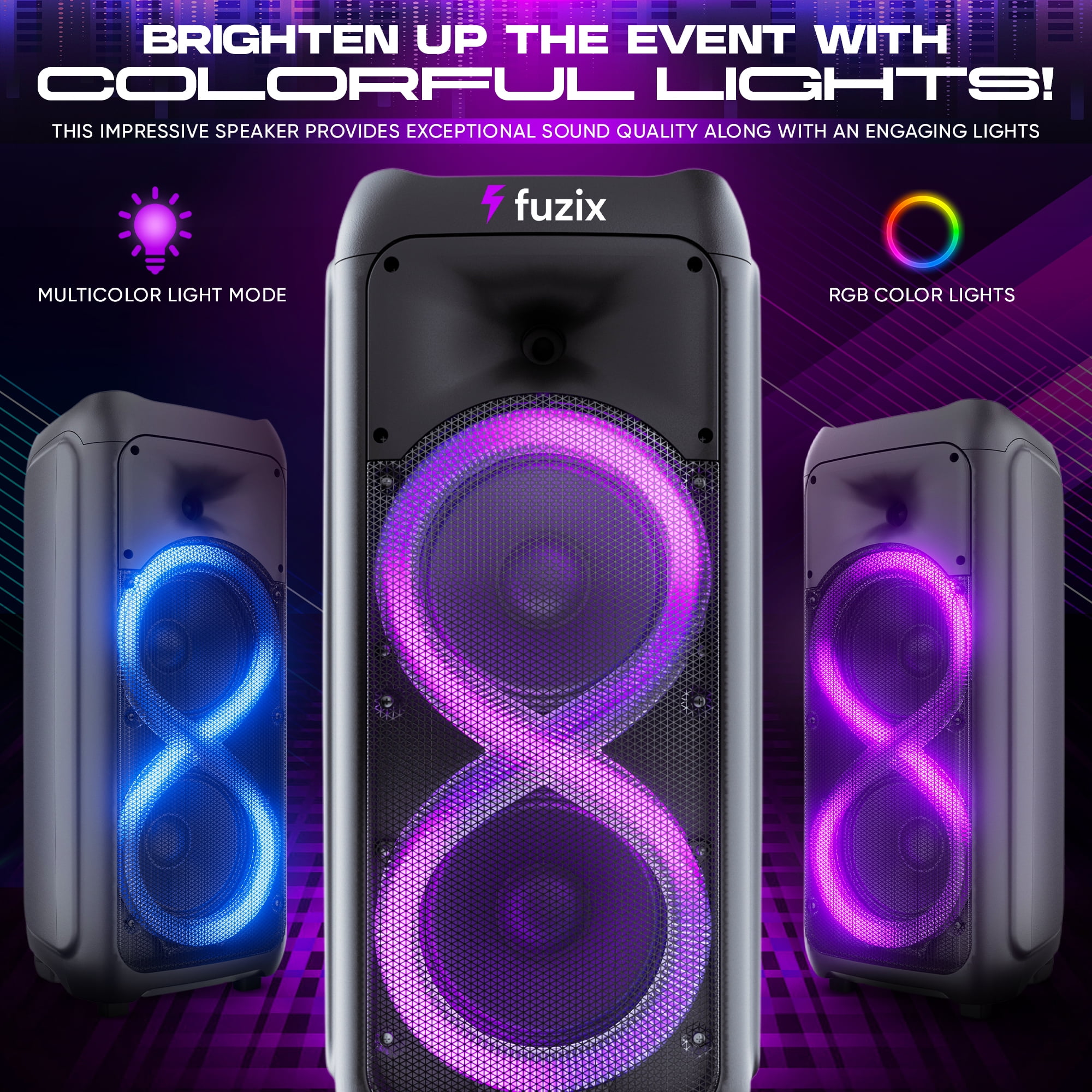 Sync Portable Rechargeable Karaoke Bluetooth Wireless Audio Speaker by Fuzix - With Built-in FM Radio, SD Input, USB Port, LED Lights, Mic and Remote Control Card