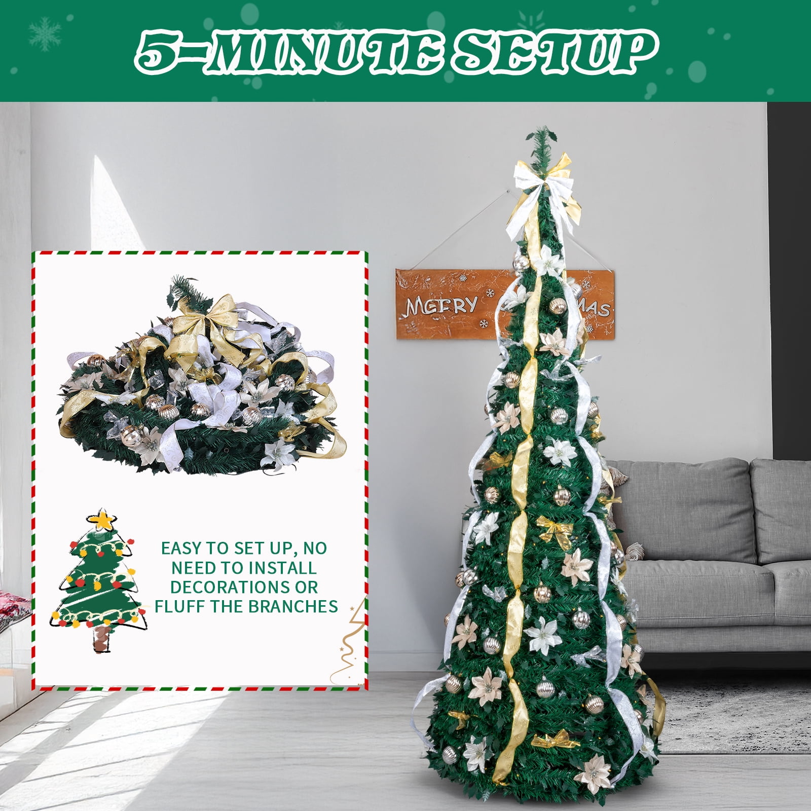 7 FT Fully Decorated Pre-lit Christmas Tree, Pop Up Artificial Xmas Tree with 200 Warm Lights Remote Control and Godlen & Silver Ornaments for Home Office Store Holiday Decor