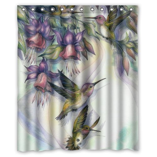 Spring Watercolor Flowers Hummingbird Shower Curtain Sets For Bathroom Decor 
