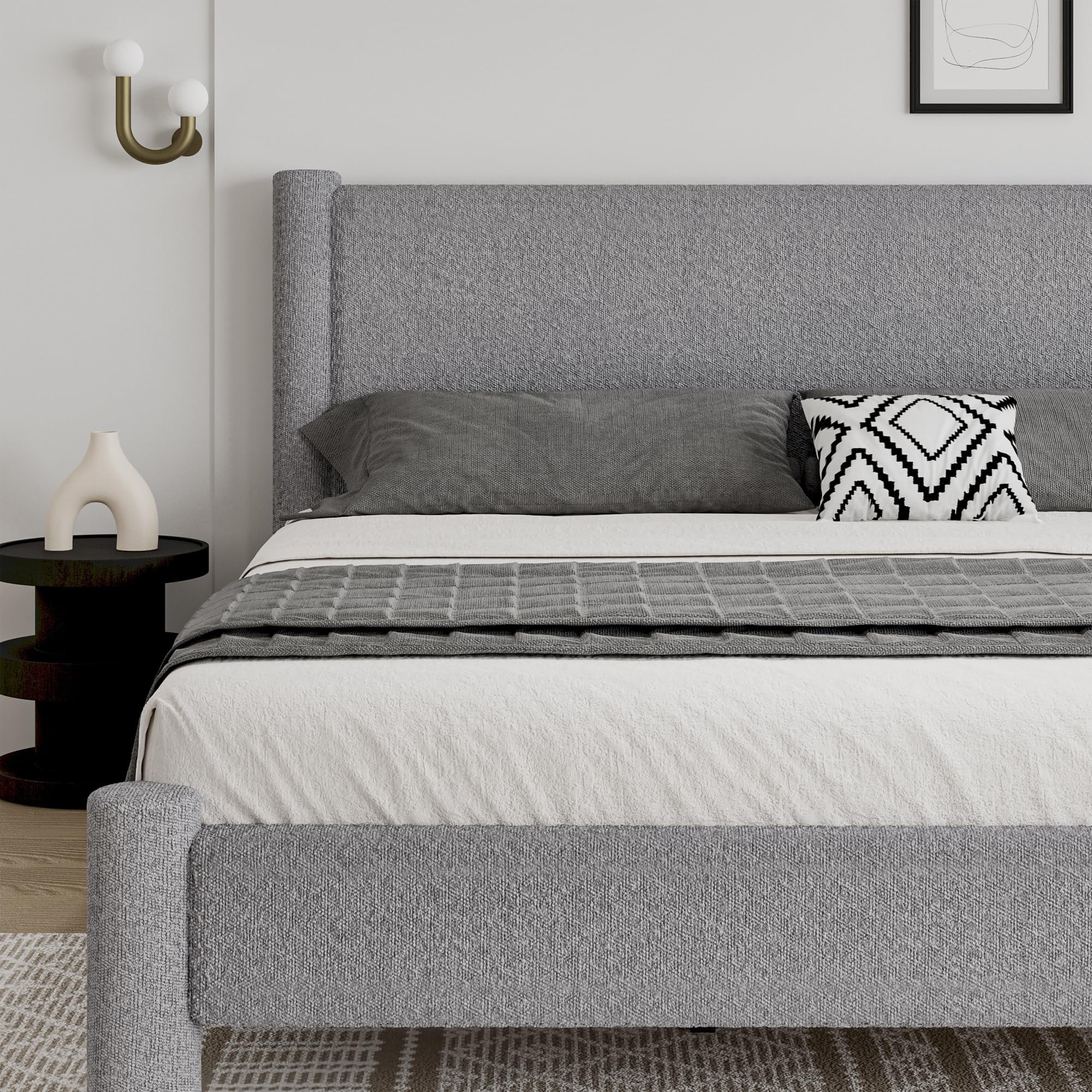 4 EVER WINNER Full Bed Frame, Full Size Bed Frame, Upholstered Full Bed with Rounded Legs, Boucle Bed Frame with Headborad, Grey