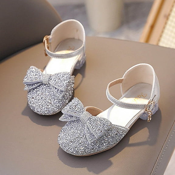 ZunFeo Silver Glitter Sandals for Girls Closed Toe Low Heel with Bow | Party Wedding Flower Girl Shoes | Adjustable Ankle Strap US 4-12,Size 8 T