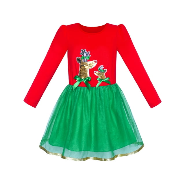 Robe Fille Noël Renne Manches Longues Robe de Fête 12 Ans
