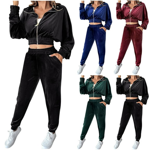 QSXADF Velour Tracksuits Set for Women Solid Elastic Waist Jogger Pants Pockets Collared Long Sleeve Top Set Women Fall Winter Outfits