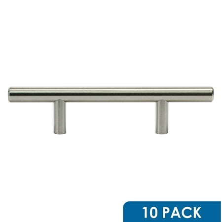 10 Pack Rok Hardware 3' Hole Centers Brushed Nickel Kitchen Cabinet Euro Style Drawer Door Steel T Bar Pull Handle Pull 6'