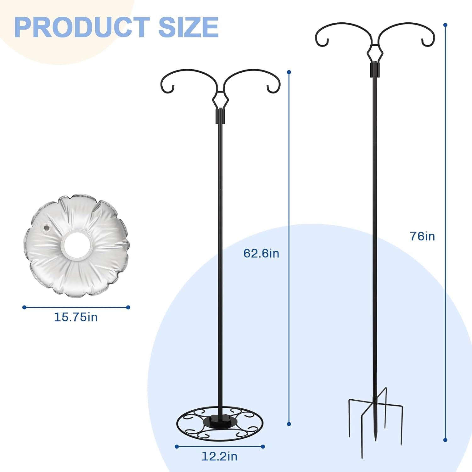 62.6 Inch Shepherds Hooks for Outdoor, Adjustbale Double Shepherds Hooks Hummingbird Feeder Stand Bird Feeder Pole Wind Chime Stand with Round Base, 4 Prongs Base and Water Weight Bag