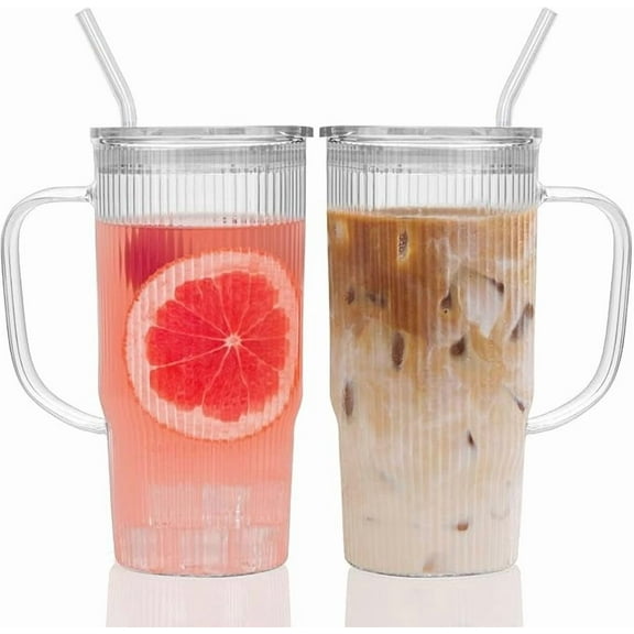 Glass Cups with Lids and Straws, Glass Tumbler with Handle for Iced Coffee, Tea, Juice, Smoothies, 24oz Drinking Cup with Plastic Lid for Hot & Cold Beverages, 2 Pcs