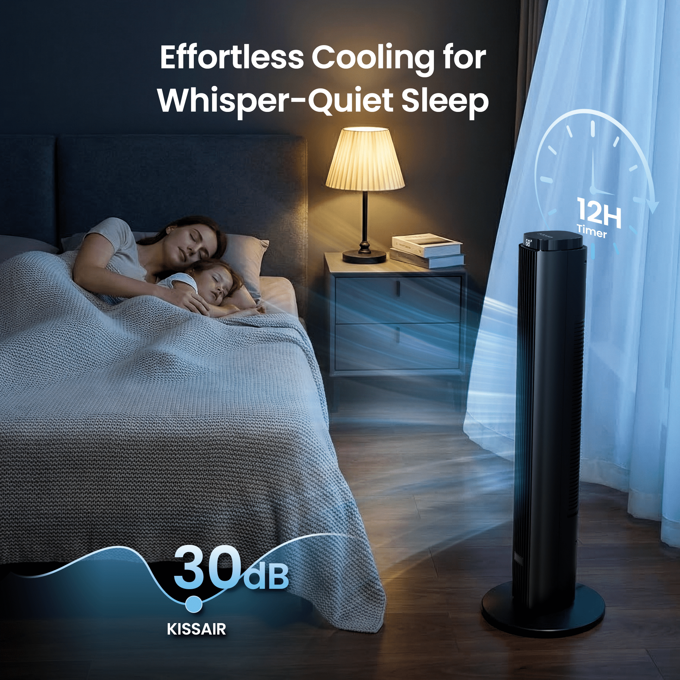 KISSAIR 37" Tower Fan with Remote, 6 Speeds, 4 Modes, LED Display, 12H Timer, 90° Oscillating, Bladeless Quiet Fan for Bedroom, Home & Office, Black