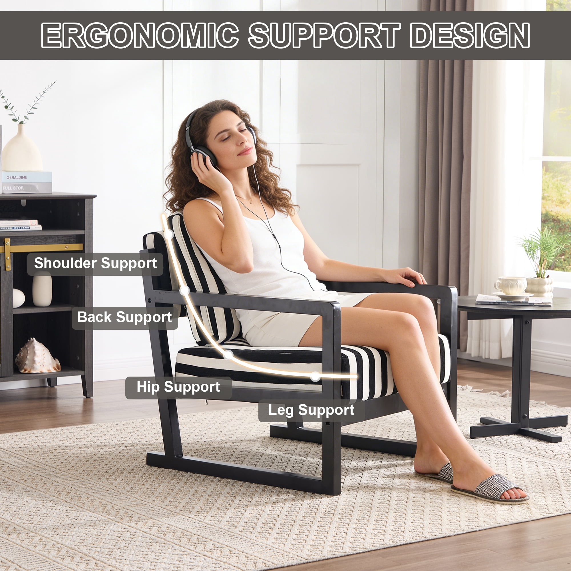 Leumius Modern Fabric Lounge Chair, Single Sofa Chair with Armrests, Upholstered Lounge Chair with Wooden Frame, Suitable for Living Room Bedroom Study,Black and White Stripes