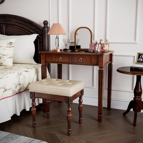 Solid Wood Makeup Vanity Table Set, 31.5" Wide Dressing Vanity Table with 2 Drawers and Vanity Stool Writing Desk with Solid Wood Legs & Button Tufted Cushioned Stool, Cherry&Beige