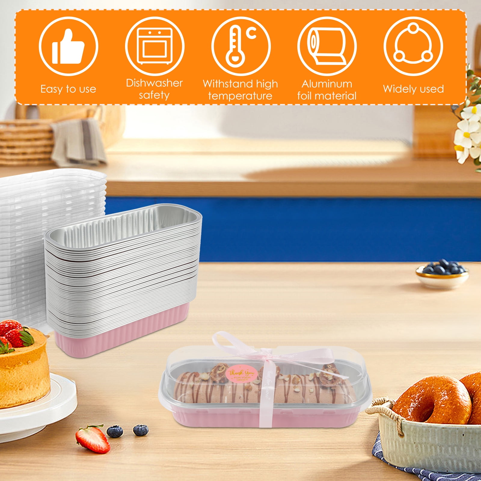 50Pcs Mini Loaf Pans with Lids Forks 200ml Aluminum Foil Cake Container Heat Resistant Mini Cake Pans Rectangle Cake Baking Cups Puddings Tin for Dessert Outdoor Picnic Party