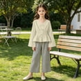 thumbnail image 6 of SGFCWSX Girls 2 Piece Outfits Bell Sleeve V Neck Peplum Tops Striped Wide Leg Pants Casual Clothes Set Beige Size 11, 6 of 9