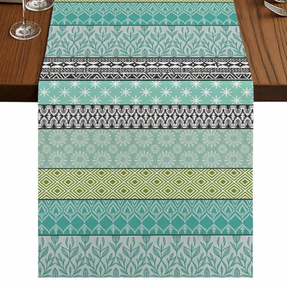 Table Runners 72 Inches Long Dress Scarves, Teal Black Boho Farmhouse Kitchen Table Runner, Coffee Tablerunners, Vintage Ethnic Tribe Abstract Art 13x72 Inch