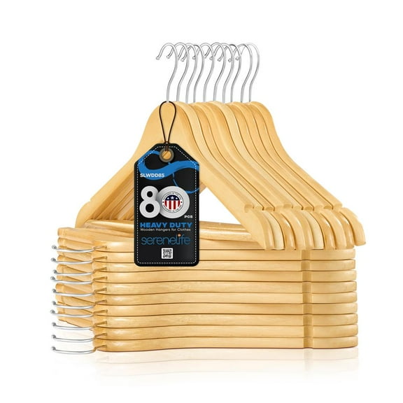 Serenelife 80 Piece Solid Wooden Heavy Duty Notched Suit Hangers, Natural