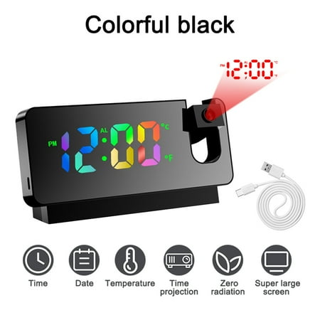 

180° Rotation Projection Alarm Clock for Bedroom LED Colorful Digital Projection on Ceiling USB Charger Time Black A