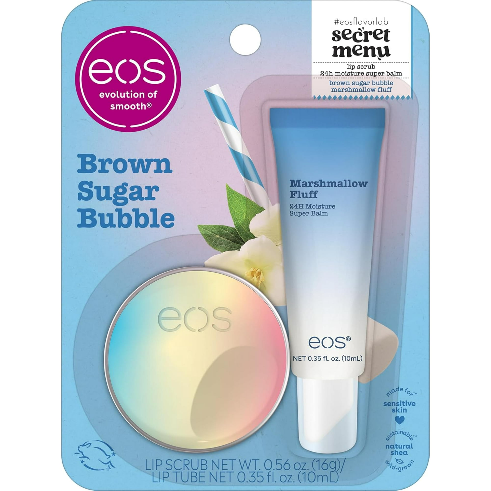 eos Secret Menu Gift Set - Brown Sugar Bubble Lip Scrub & Marshmallow Fluff Balm, Limited-Edition Lip Treatment 2-Pack