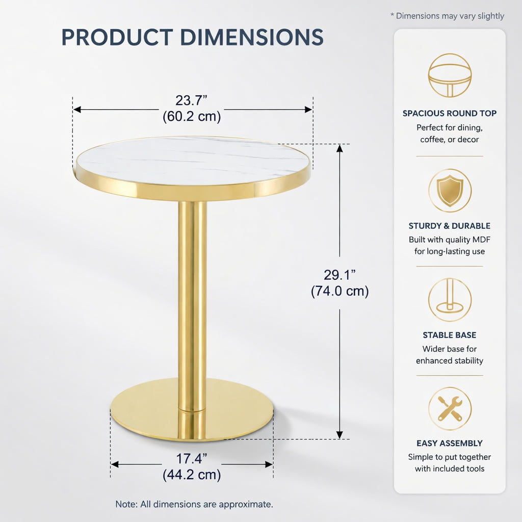 Hommoo 23.6 Inch Round Modern Light Luxury Table with Marble UV Finish & Stainless Steel Edge Banding, MDF Top, Metal Legs, Wobble-Free Design, White & Gold
