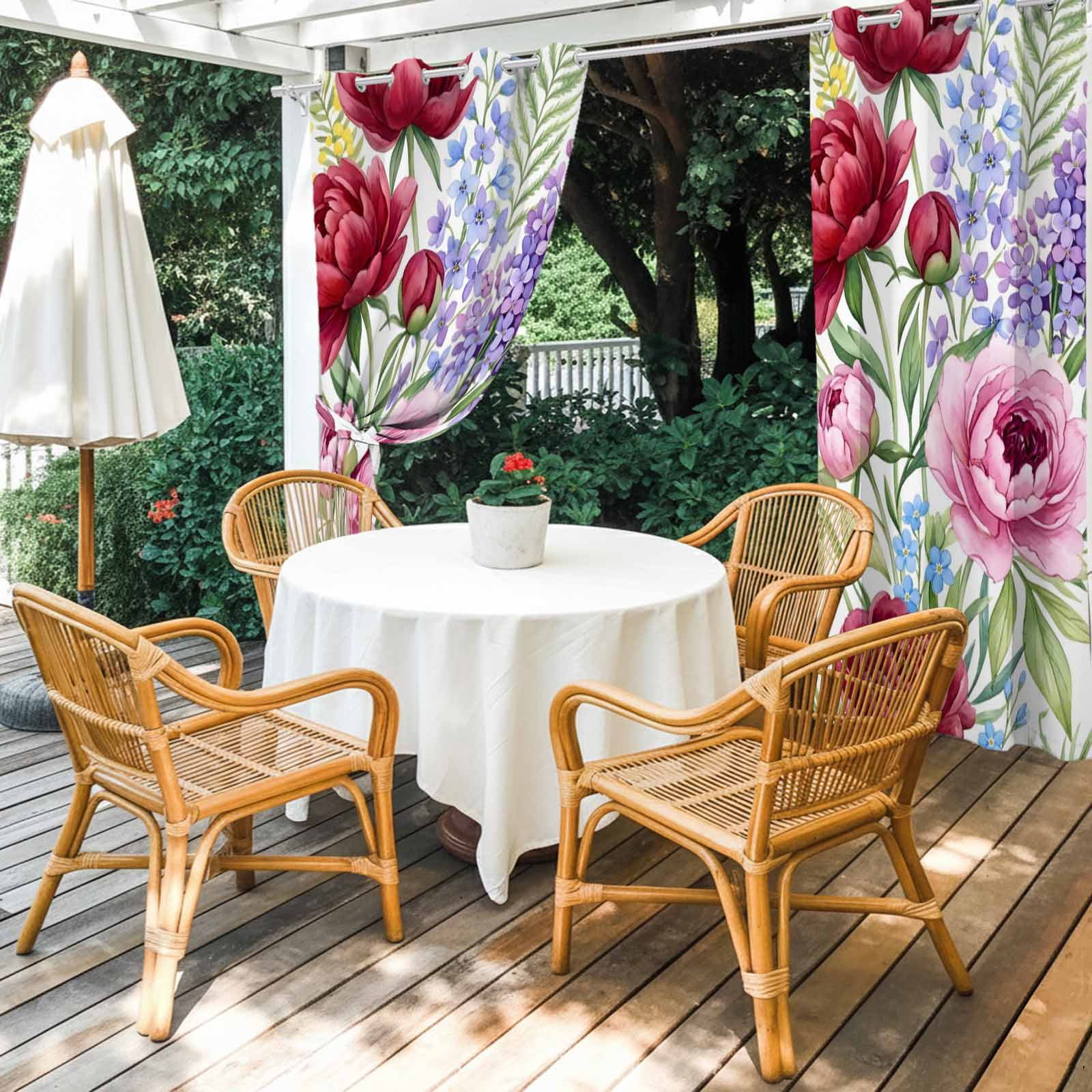 Pink Red Floral Outdoor Curtains for Patio, Country Watercolor Pink Purple Red Flowers Sunshade Privacy Drapes Grommet Waterproof Outside Curtains for Porch/Cabana/Balcony 54"x 108", 1 Panel