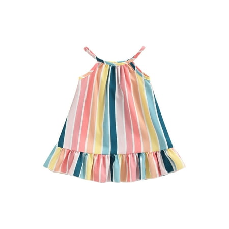 

aturustex Toddler Girls Summer Sling Dresses Vertical Stripe Print Ruffle Hem Casual Spaghetti Strap Dress