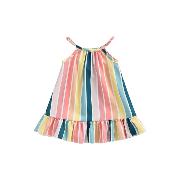 Kids Toddler Girls Summer Sleeveless Dress 6 12 24 Months 2T 3T 4T Vertical Stripe Print Ruffle Hem Casual Spaghetti Strap Dresses