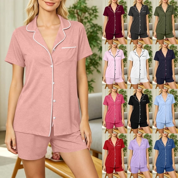 Bovxnpu Women's Pajamas Set Short Sleeve Button Collared Shorts Pajamas Set