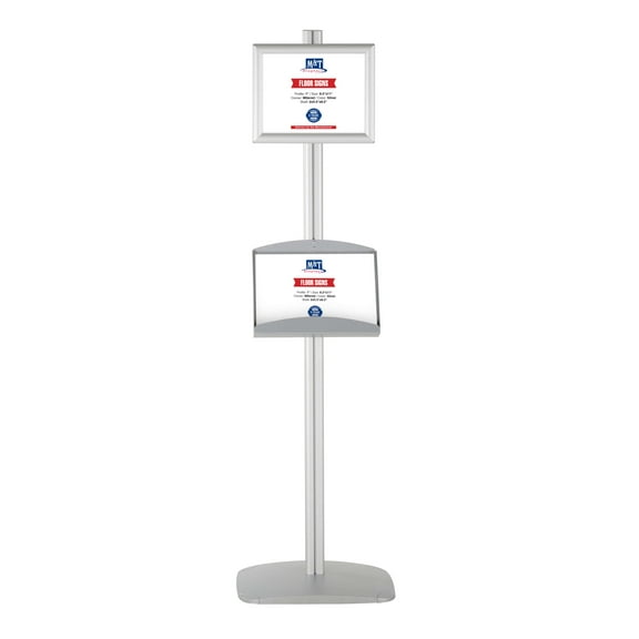 M&T Displays Free Standing Display Stand in with 1 x (8.5x11) Frame in Portrait and Landscape and 2 x (5.5x8.5) Steel Shelves, Single Sided (Silver)