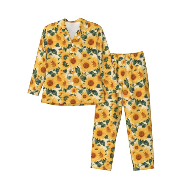 Balery Green Leaf Sunflower Pijama para Hombre de Dos Piezas con Manga Larga, Conjunto de Dormir y Descanso Suave con Bolsillos-Large