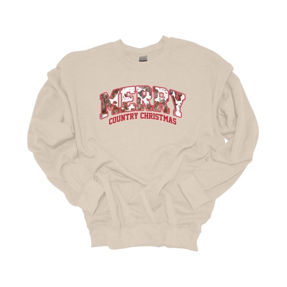 Womens Christmas Sweatshirt Merry Country Christmas Cow Print Festive Holiday Crewneck Sweatshirt-Sand-medium