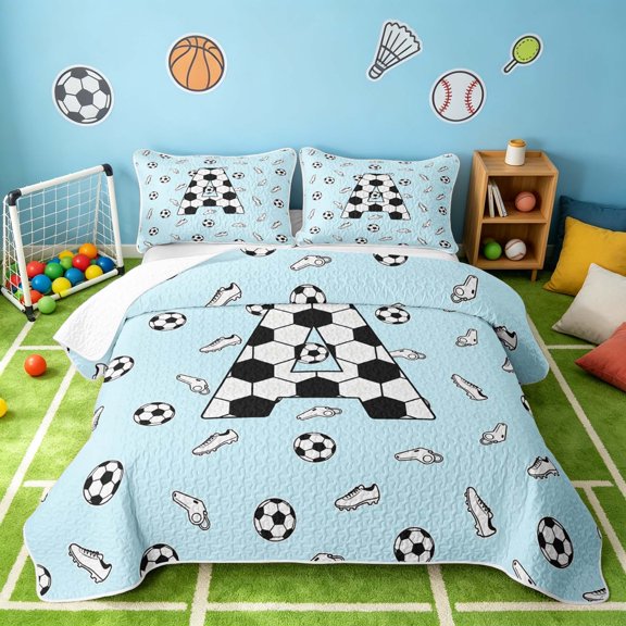 Manfei Boys Girls Soccer Twin Quilt Set, Cartoon Monogrammed A Twin Coverlet Set, Light Blue Black A, Polka Dots Reversible 2 Pieces, 1 Bedspread and 1 Pillowcase