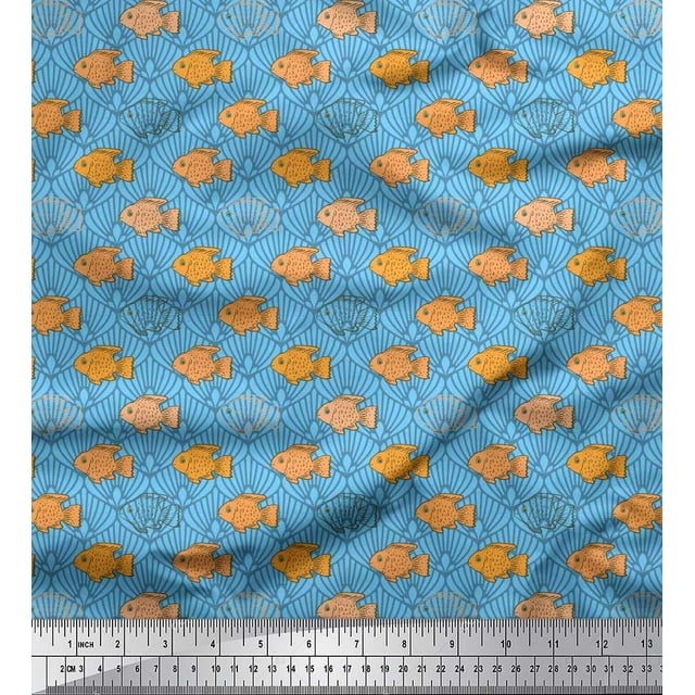 Soimoi Poly Georgette Fabric Fish & Shells Ocean Decor Fabric Printed Yard 52 Inch Wide