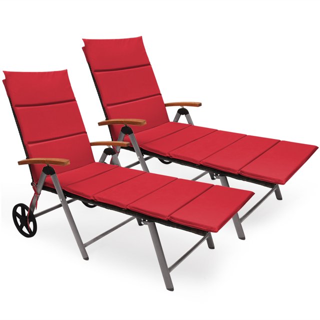 Topbuy Lot de 2 Chaises Longues Pliantes d'Extérieur en Rotin, Fauteuils Inclinables Rembourrés avec Roues et Coussin Rouge