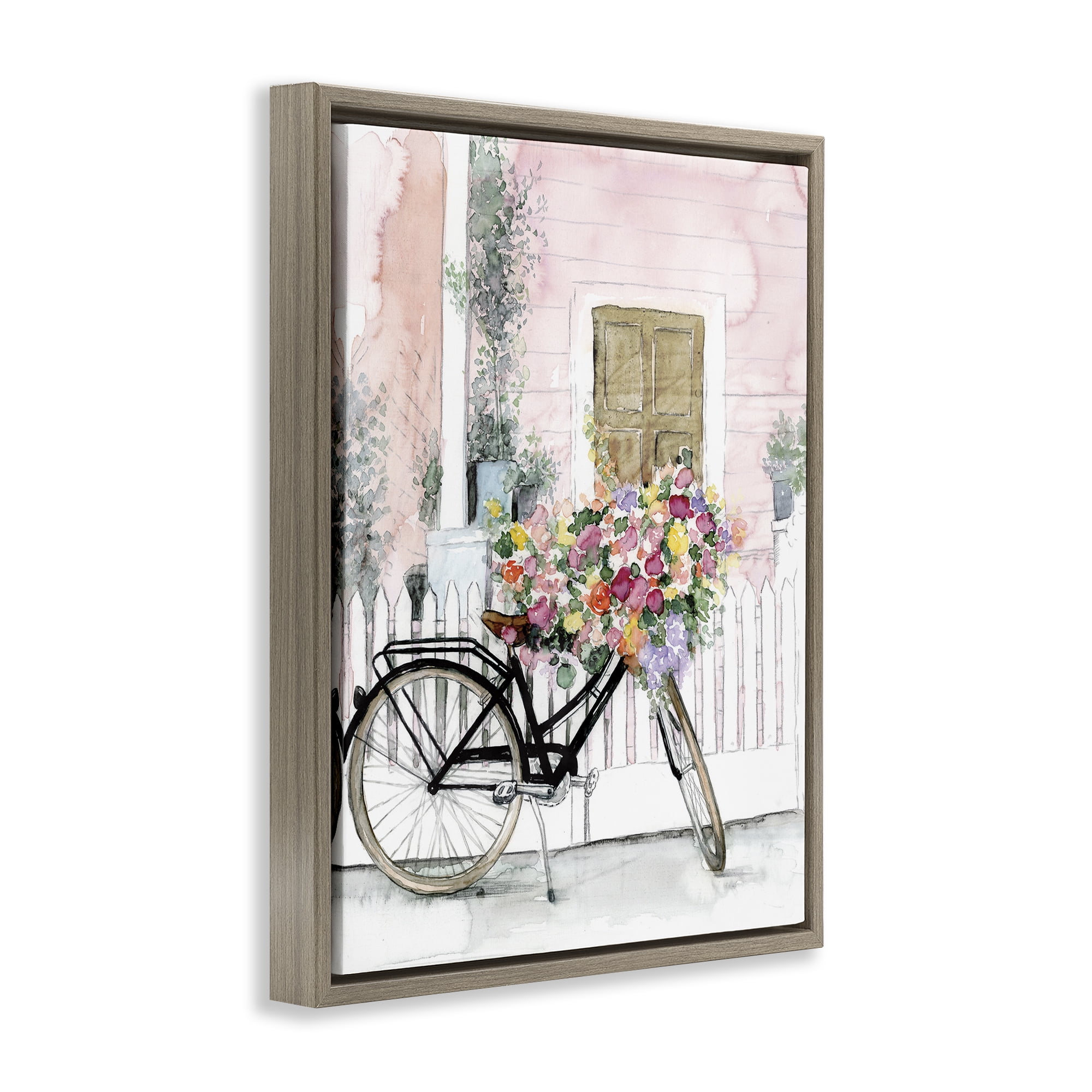 Stupell Industries Watercolor Bicycle Bouquet Botanical & Floral Painting Brown Floater Framed Art Print Wall Art, 17 x 21