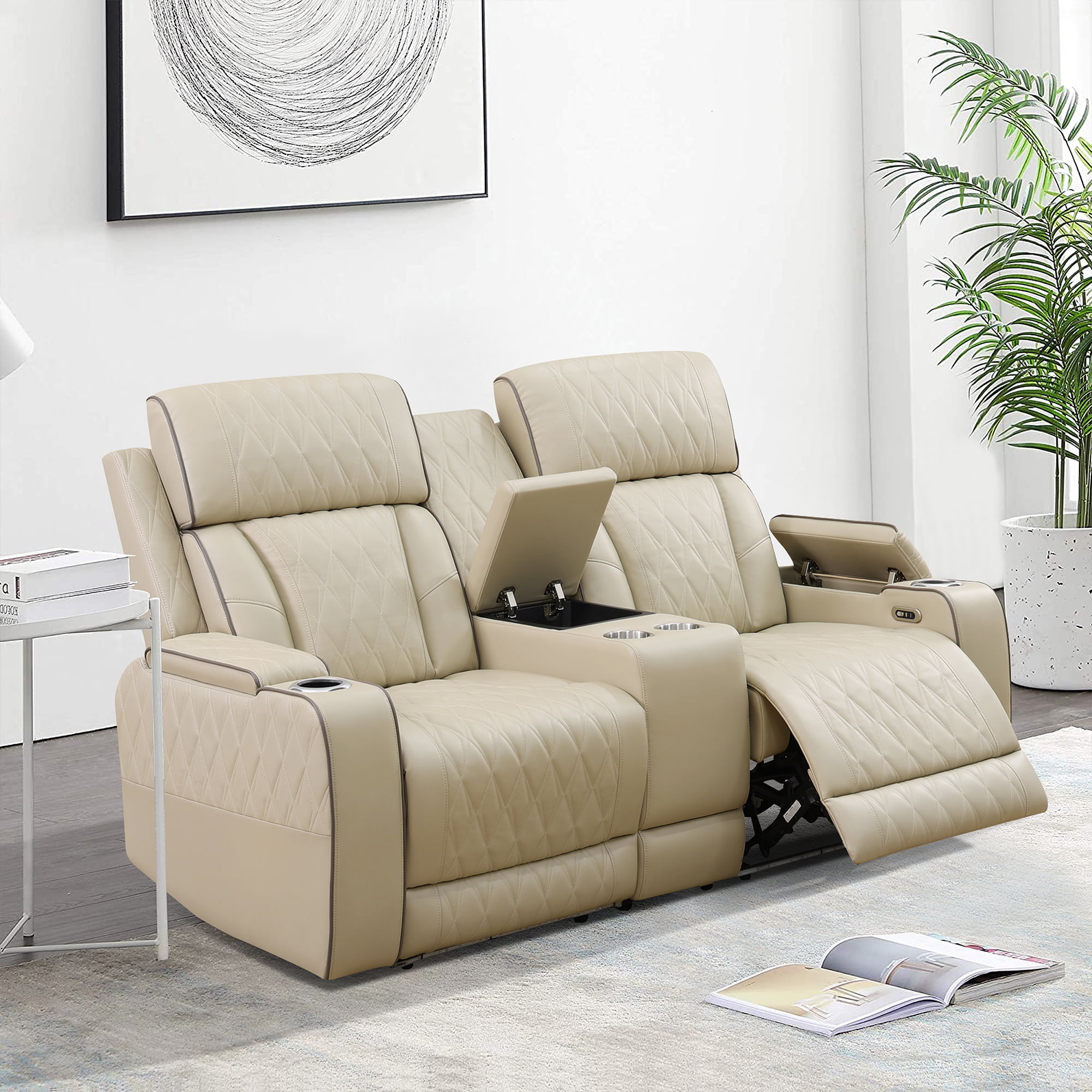 Gewnee Loveseat Power Reclining Multifunctional Sofa, Air Leather, Storage Console, Cup Holders,Khaki