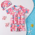 thumbnail image 1 of Traje de baño de una pieza QISIWOLE para niñas pequeñas con flotabilidad y estampado de peces pequeños, de manga corta y cremallera frontal., 1 of 6
