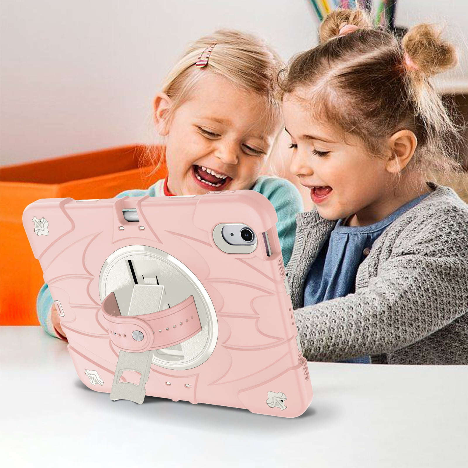 ELEHOLD Case for Apple iPad Air 11 (2024), Heavy Duty Shockproof Case with Pencil Holder/Stand/Hand Strap/Shoulder Belt, Rugged Protective Cover for Boys Girls,Pink