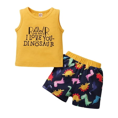 

Baby Boys Sleeveless Letter Vest Top Cartoon Dinosaur Shorts Outfits Set
