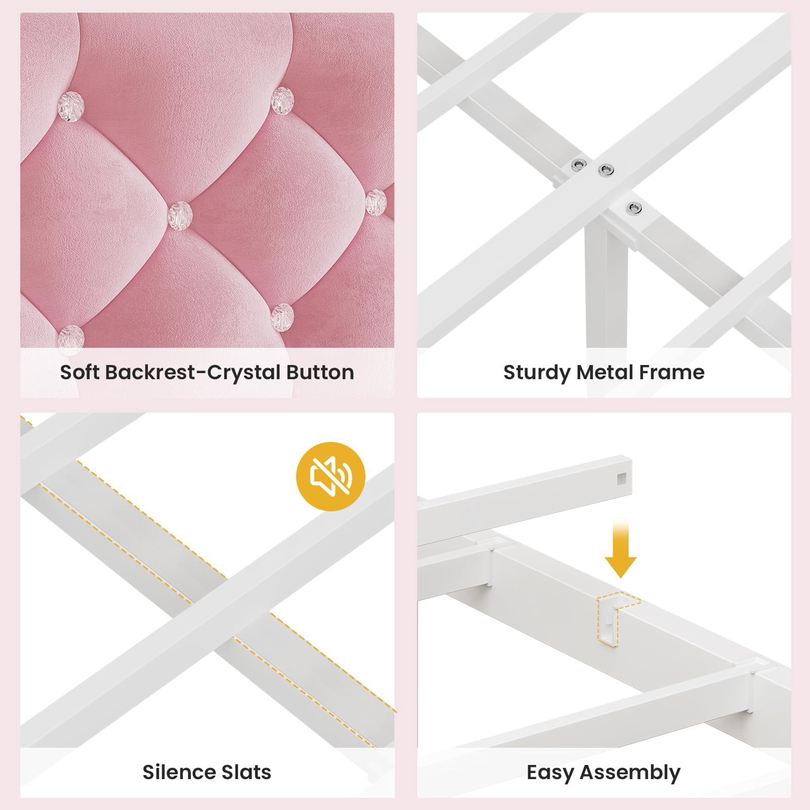 Afuhokles Full Size Bed Frame with LED Lights and 4 Drawers, Velvet Upholstered Platform Bed, Headboard with Charging Station and Crystal Button, Pink