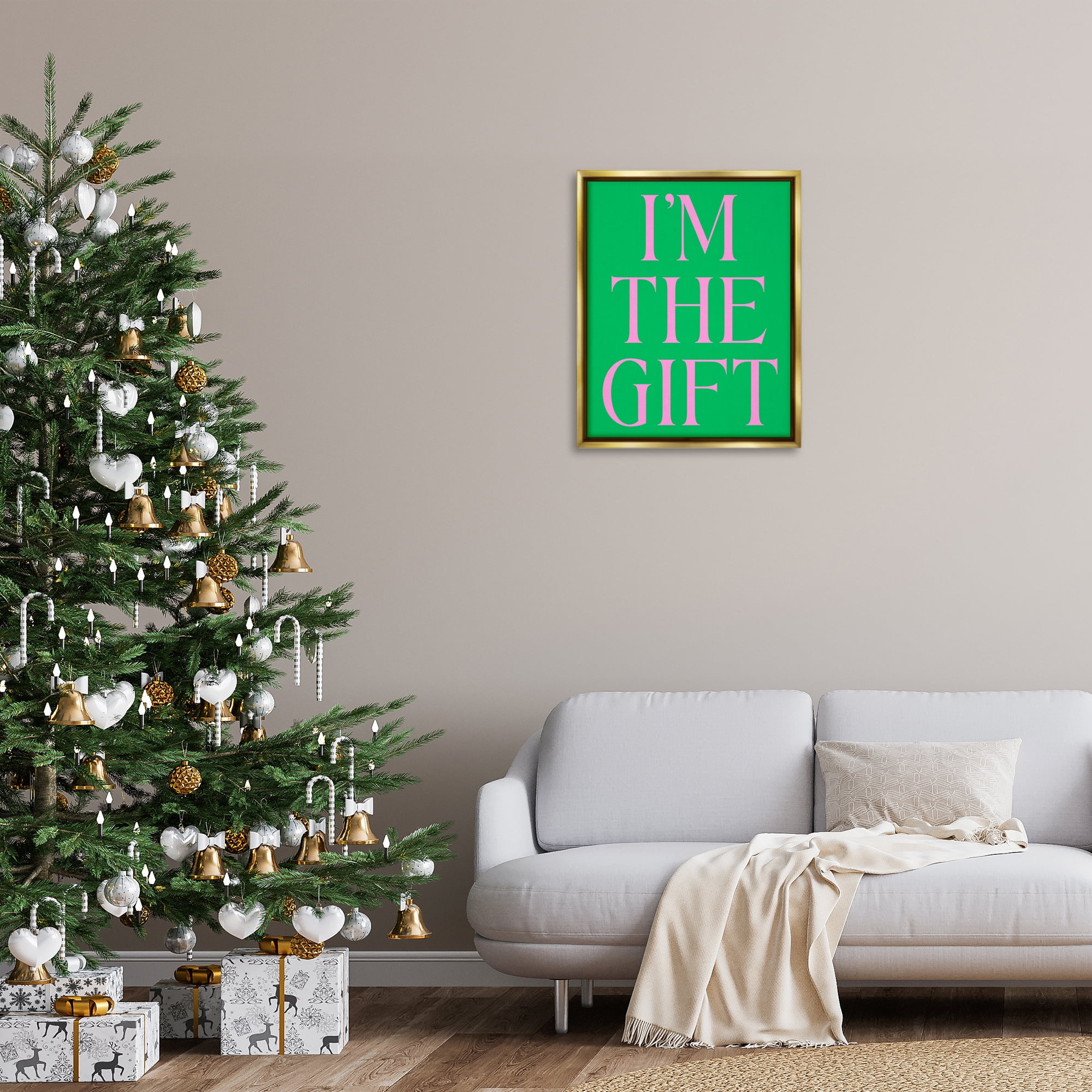 Stupell Industries Funny I'm The Gift Holiday Painting Gold Floater Framed Canvas Art Print Wall Art, 25 x 31
